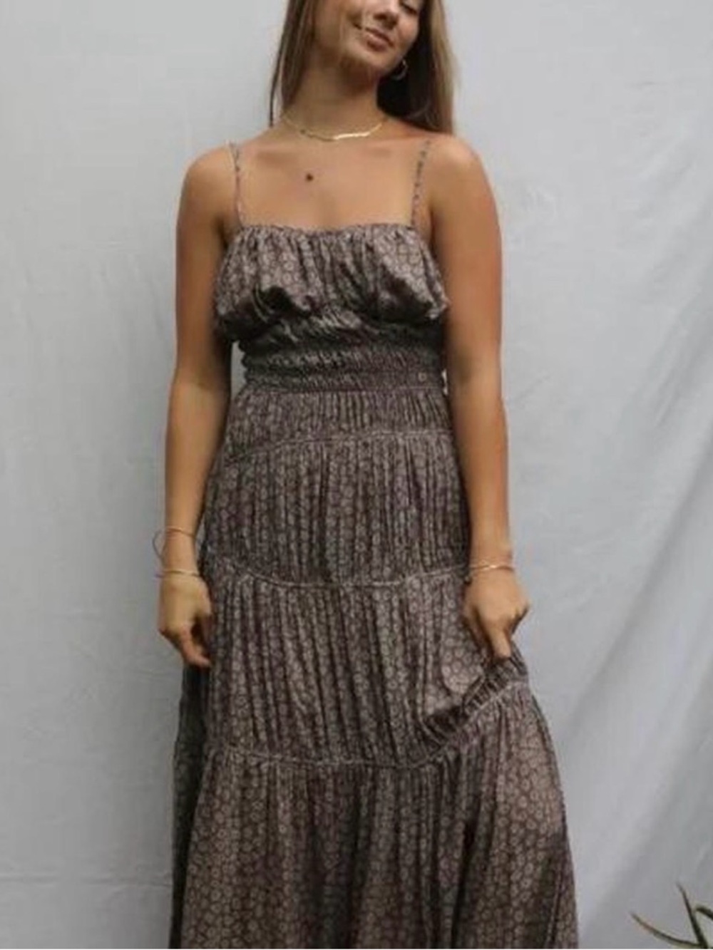 Smocked Waist Maxi Dress in Brown Floral